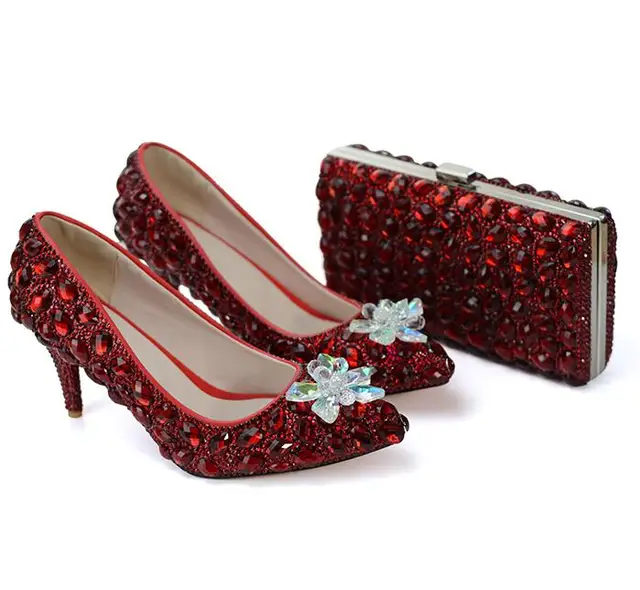 Wine Red Womens wedding shoes with matching bags Crystal Thin heel