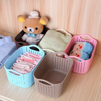 

Creative Plastic Rattan Desktop Storage Basket with Handle Square Basket Multifunction Kitchen Dressing Table Storage Organizer
