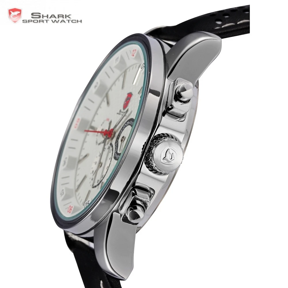 Pacific Angel Shark Sport Watch Men's White Date Day Fashion Casual Men Wristwatch Black Leather Strap Quartz Clock Male / SH093