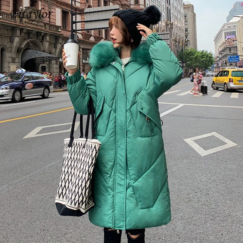 

Fitaylor Women Long Jacket Plus Size Winter Down Cotton Coat Large Faux Fur Collar Hooded Parkas Lady Slim Snow Outwear