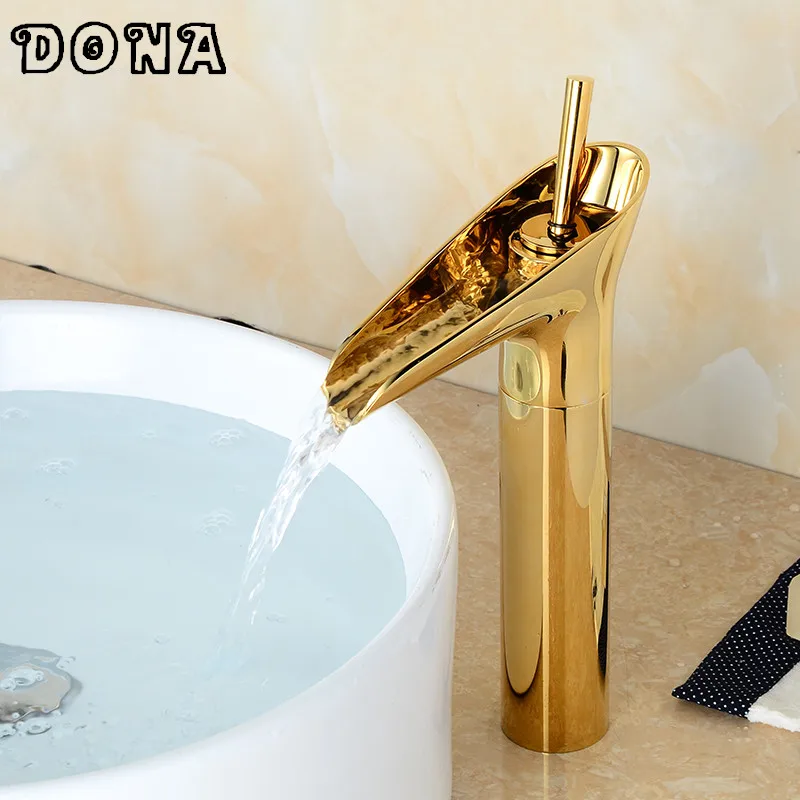 فاخر الحديثة الذهب الذهبي الغرور بالوعة الحمام شلال صنبور حوض خلاط واحدة ليفر DONA4033A