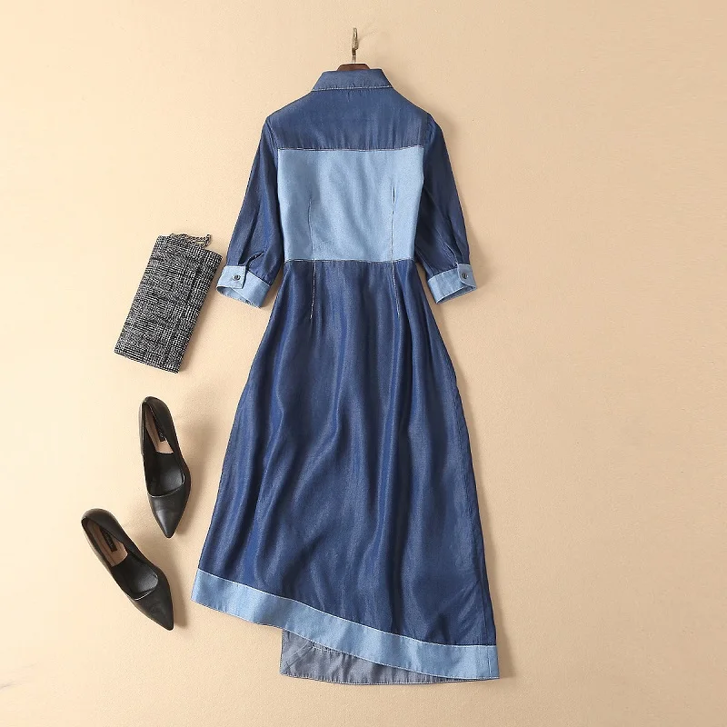 High Quality Denim Dress 2019 Spring Summer Casual Jeans Dress Ladies Turn-down Collar Color Block Patchwork Blue Denim Vestidos
