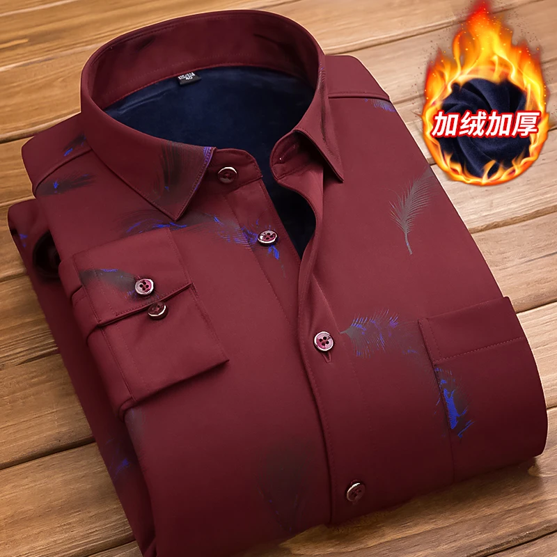 New Arrival Male Warm Long Sleeve Shirts Winter Thick Plush Business Clothes Elastic Slim Fit Casual Shirt