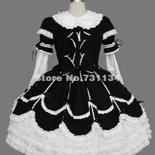 Недорогое красивое черно-белое хлопковое платье с оборками с длинными рукавами и кружевным бантом, многослойное готическое платье лолиты