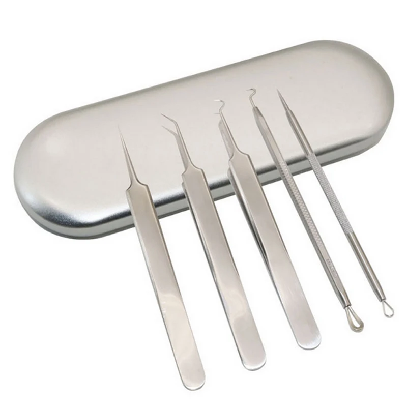 Hot 5PCS set Blackhead Blemish Acne Pimple Extractor Face Skin Care blackhead tweezer Stainless Steel Needle