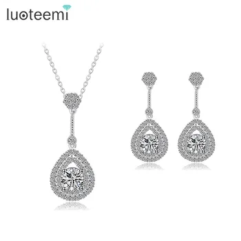 

LUOTEEMI Wholesale White Gold-Color Classic Necklace Earrings Sets For Women Long Pendent Fine Jewelry For Crazy Dinner