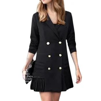 

Women's Pleated Windbreaker Lapel Long-sleeved OL Suits Jacket Double-breasted Dress V-Neck Coat Long Suit Outwear 2018 Tops