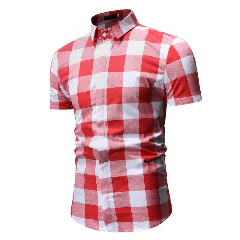 

Check Blouse Men Short sleeve Slim Fashion Plaid Mens Shirt Casual Wedding Dress Shirt Light gray Red Summer