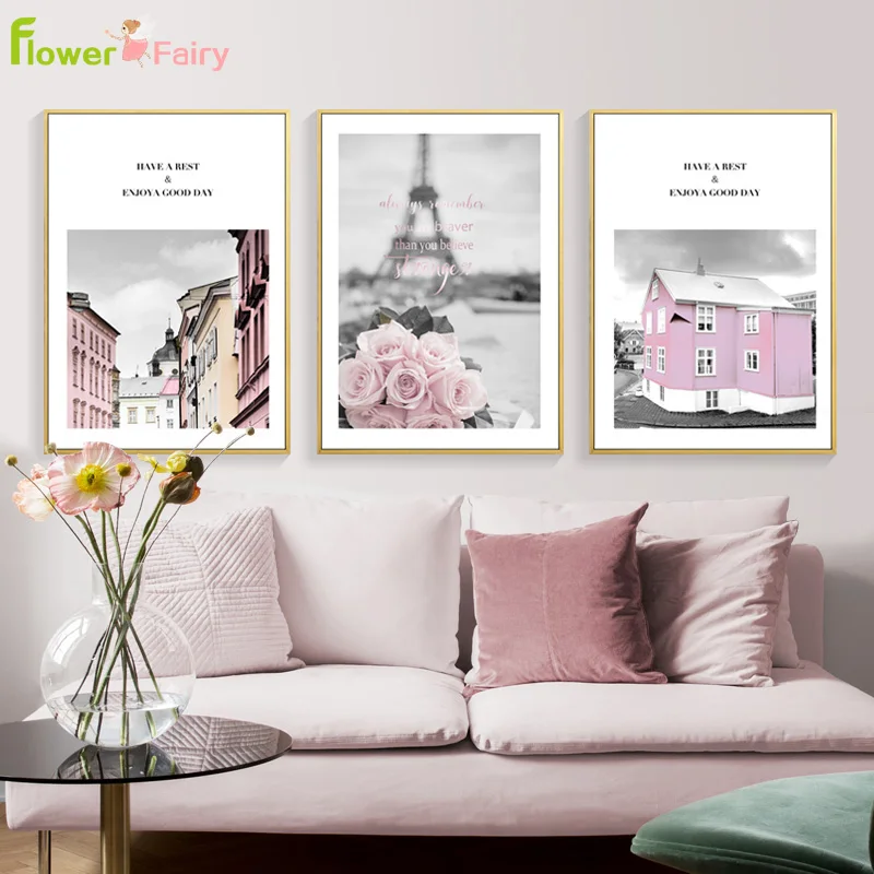 

Pink House Nordic Poster Paris Tower Wall Art Canvas Painting Flowers Picture Posters Wall Pictures For Living Room Unframed