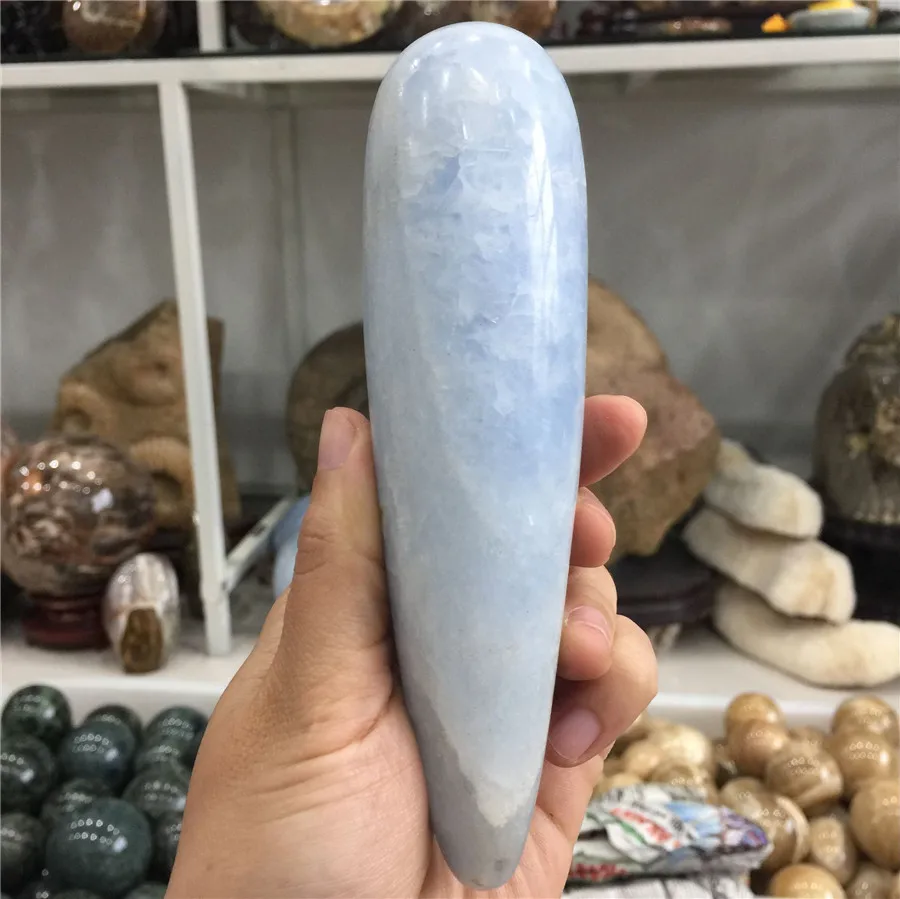 

Special offer large size natural blue celestine quartz crystal massage wand Reiki handmade gemstone heal to health