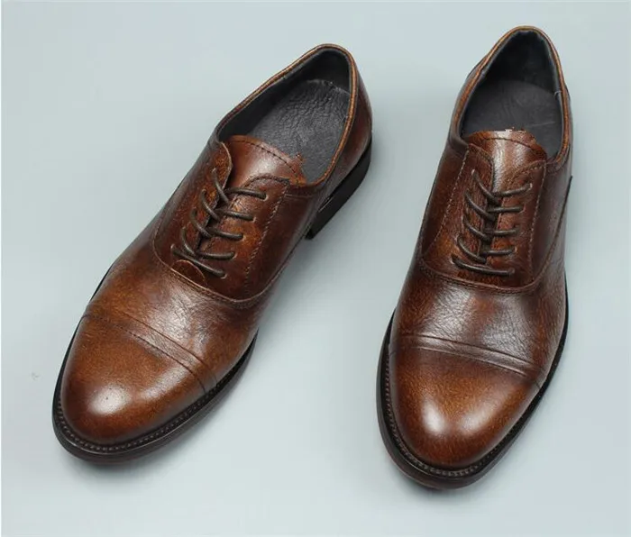 Мужские деловые кожаные оксфорды на не сужающемся книзу массивном каблуке; модельные туфли на шнуровке с круглым носком; goodyear; обувь ручной работы; повседневная обувь
