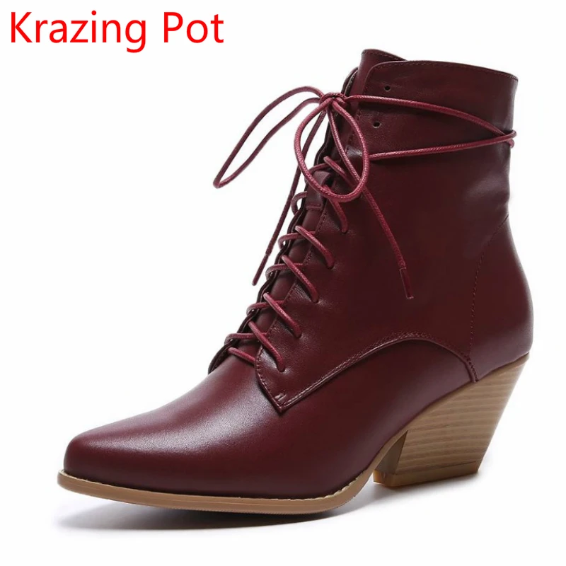 

Superstar Genuine Leather Lace Up High Heels Keep Warm Winter Boots Streetwear Fashion Pointed Toe Mid-calf Boots for Women L59