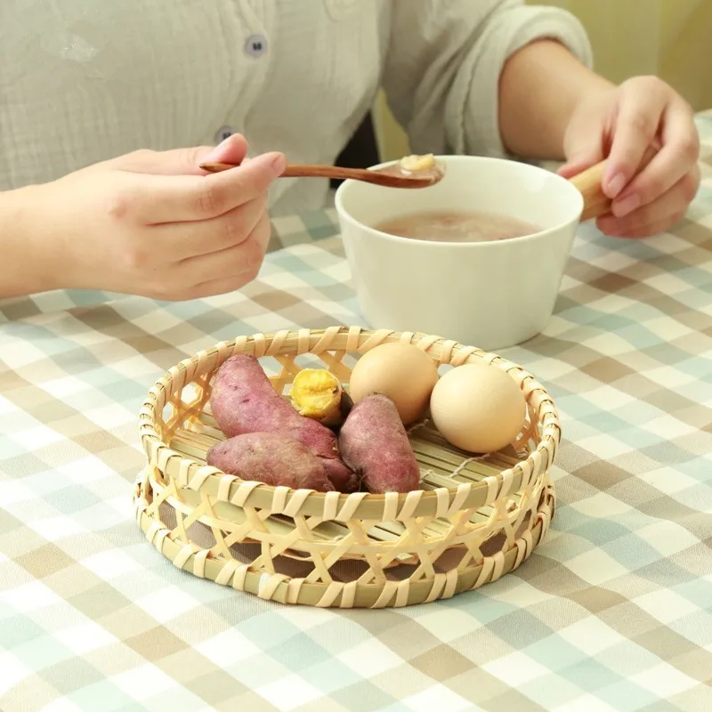

Handmade Bamboo Rattan Fruit Basket Wicker Straw Food Breakfast Bread Picnic Organizer Small Round Square Plate Dish For Kitchen