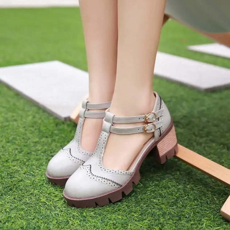 XJRHXJR حجم 34-43 المرأة T-حزام خمر الصنادل كعب مربع الكاحل حزام منصة الصيف أحذية امرأة مكتب سيدة الأحذية