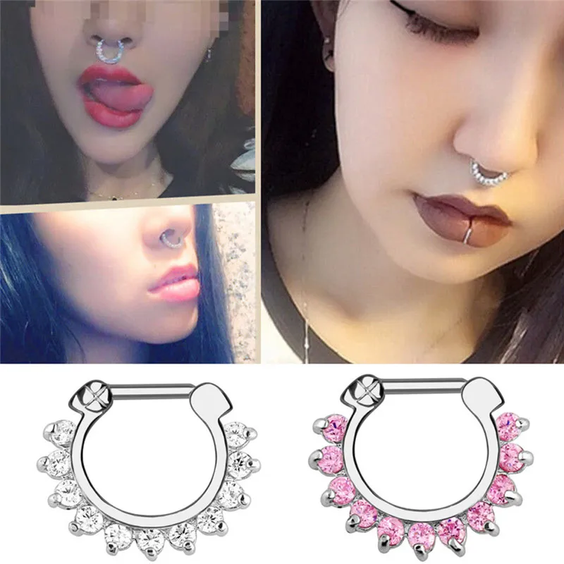 

Trendy Steel Crystal Rhinestone Nose Ring Earring Set Faux Fake Septum Piercing Clicker Faux Clip Non Body Jewelry