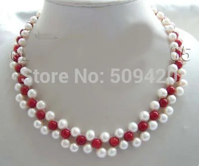 

~~ W&O655 >18" Handwork Natural White Pearl Red Coral Necklace
