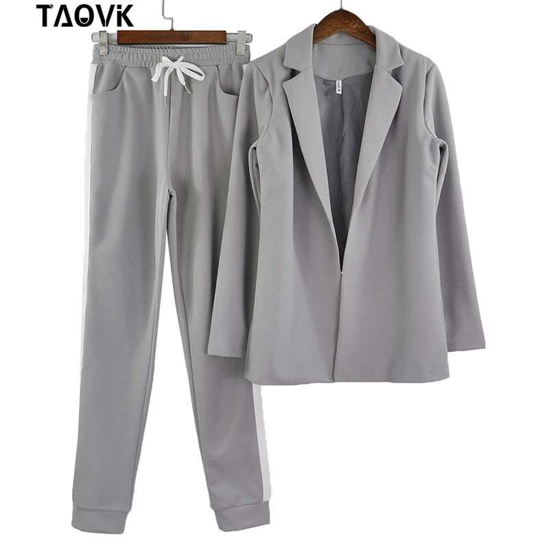 TAOVK Women's Suits Turn-down Collar Jacket White Striped Pant two Pieces Set Pant Suits woman's sport costumes Feminine clothes