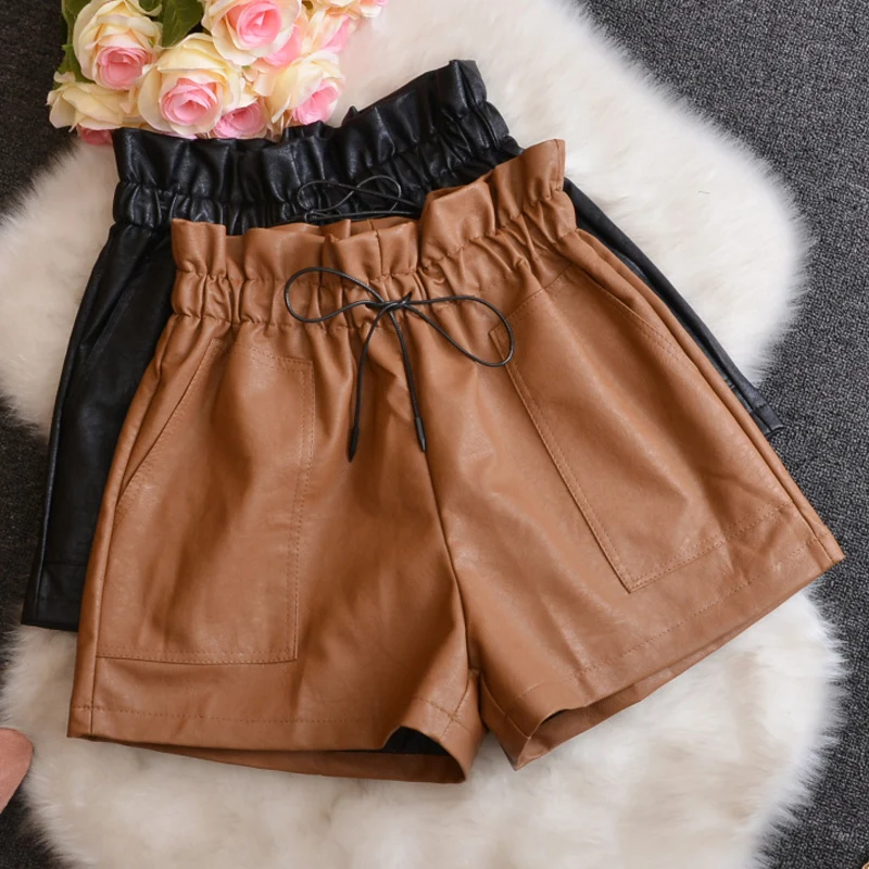 Spring Fall Fashion Womens Ladies Elastic Ruffles High Waisted Wide Leg Pu Leather Shorts , Autumn Winter Woman Loose Xxl Shorts photo