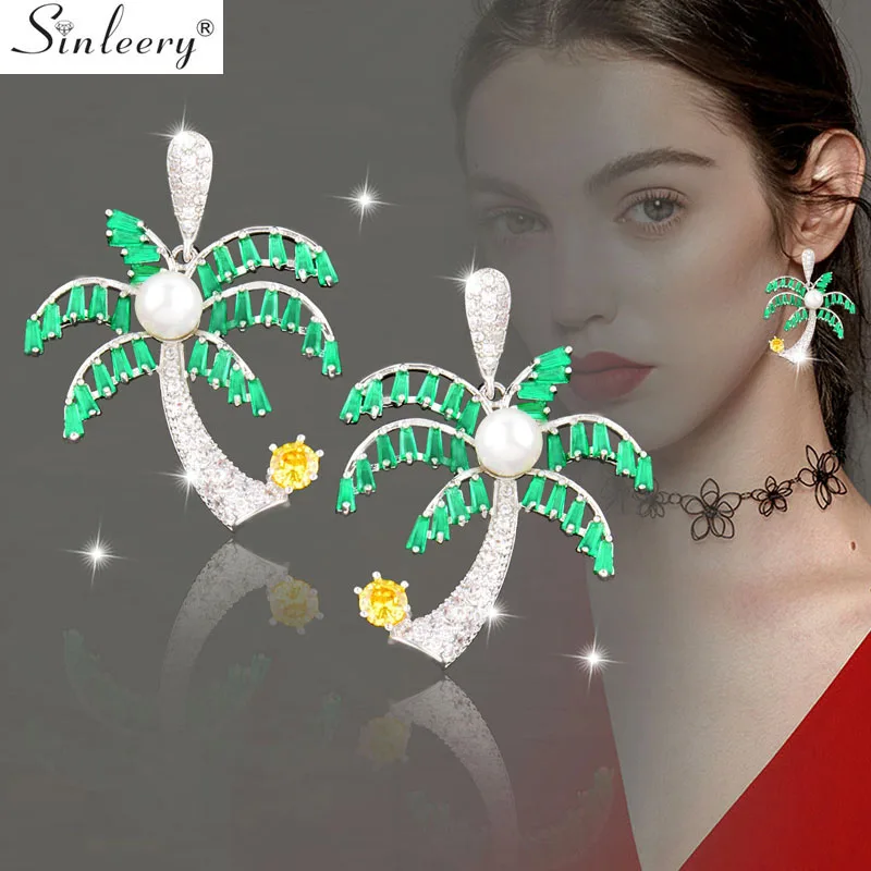 

SINLEERY Luxury CZ Stones Green Crystal Tropical Style Coconut Tree Earrings Women Summer Beach Fashion Jewelry CZ028 SSH