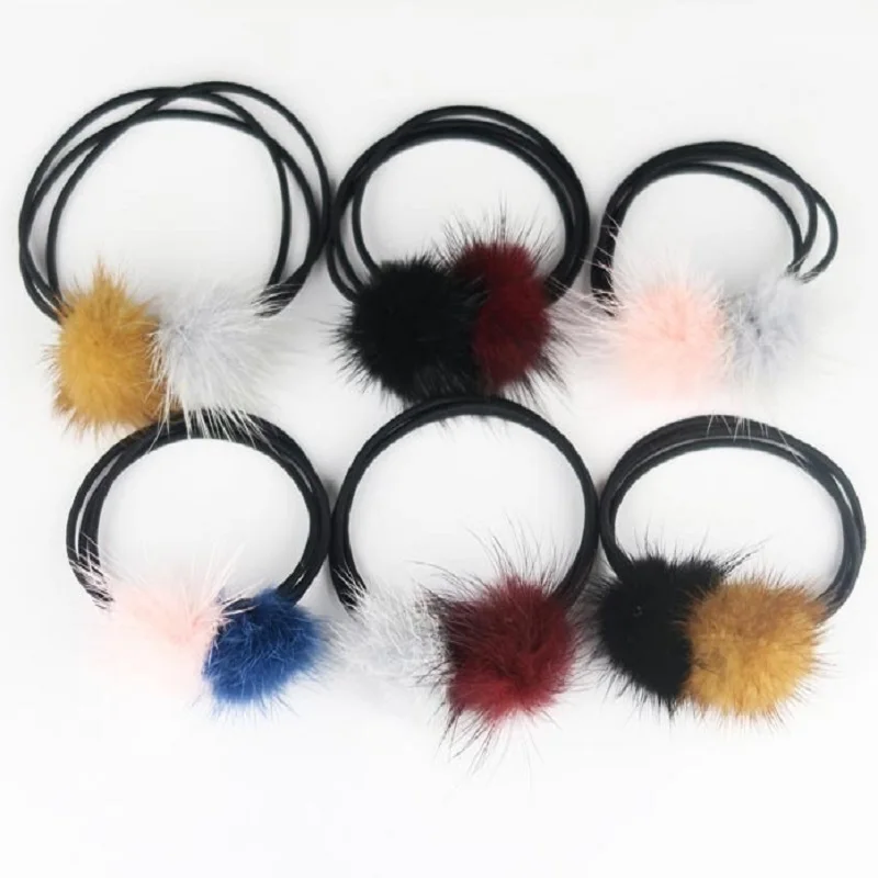 Two color charm of mink ball Elastic Hair Bands with Pom Pom Fashion