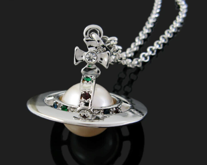 

hot- selling wholesale Fashion vw Jewelry pendant Saturn dimensional pearl necklace sweater chain for women gift free ship