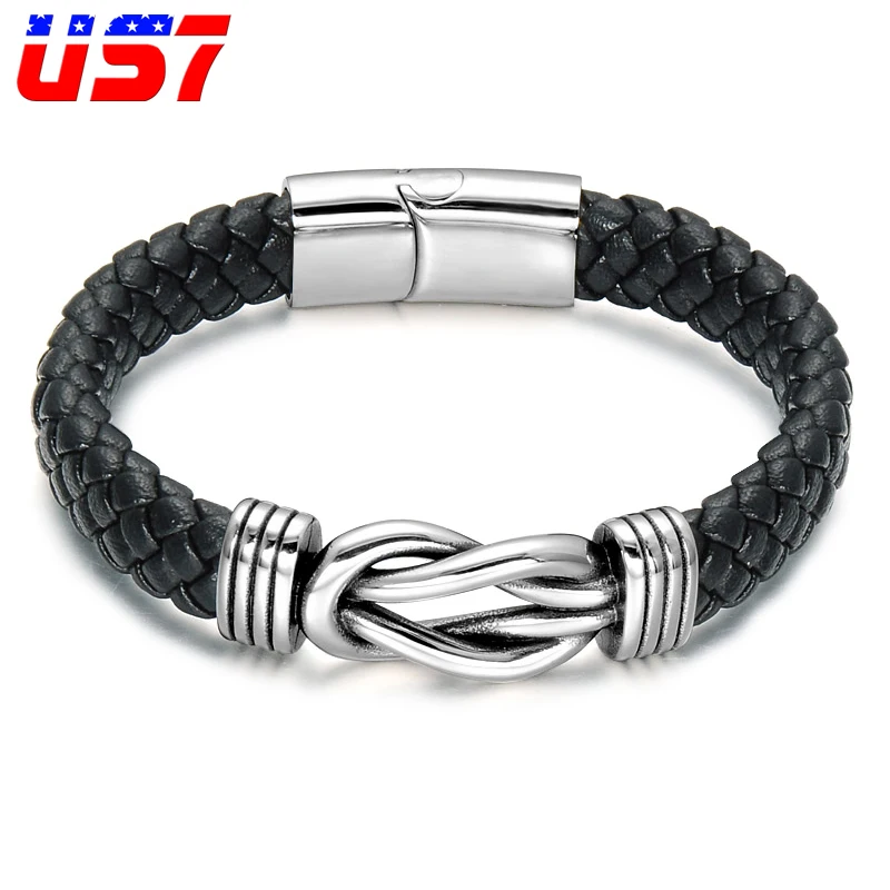 

US7 Infinity Symbol Stainless Steel Genuine Leather Bracelet Vintage Wrap Tribal Braided Knot Bracelets Bangles For Men Jewelry