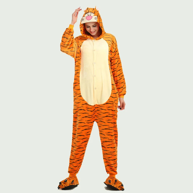 Funny Orange Tiger Animal Kigurumi Flannel Onesie For Women Pajamas Party Bodysuit Cosplay Unisex Sleepwear Halloween Pyjamas (4)