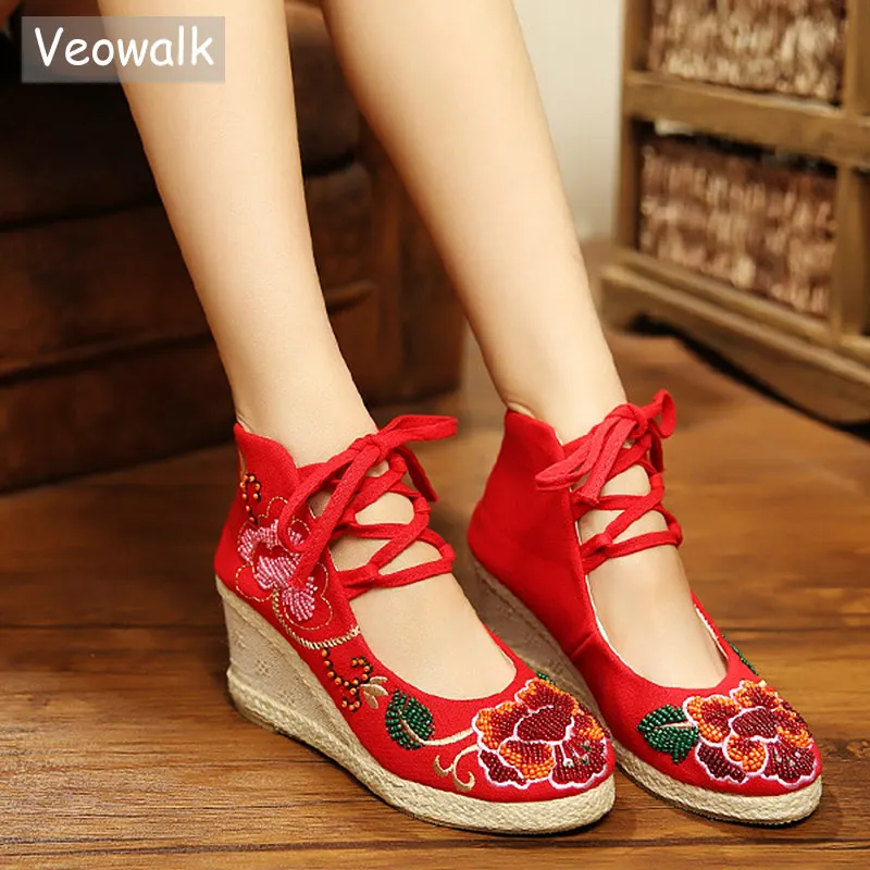 Veowalk Beaded Flower Embroidered Women Gladiator Lace up Canvas Pumps High Top Med Heels Wedges Platform Shoes for Ladies Beige Veowalk Beaded Flower Embroidered Women Gladiator Lace up Canvas Pumps High Top Med Heels Wedges Platform Shoes for Ladies Beige