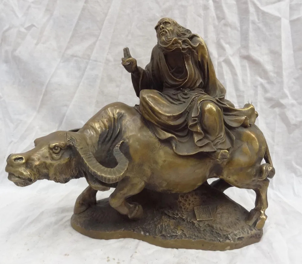 

13" China Bronze Philosopher Laozi Founder Taoism Lao Tuz Ride Bull Ox Statue