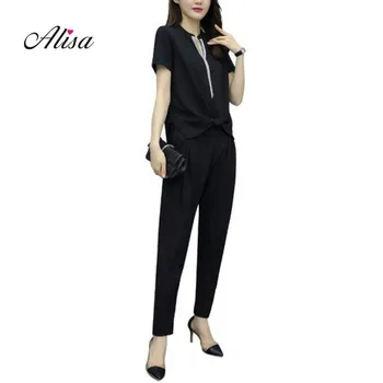 

Womens Fashion Suits 2019 Summer New Womens Casual V Neck Tassels Short Sleeve Top+Long Trousers Women Black Loose 2 Piece Sets