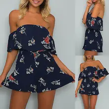 Women Holiday Beach Playsuits Casual Off Shoulder Ruffles Floral Blue Loose Playsuits