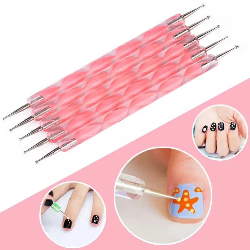 5PCS New Fashion Pink Nail Dotting Pens 2Ways Nail Art Paint Pen
