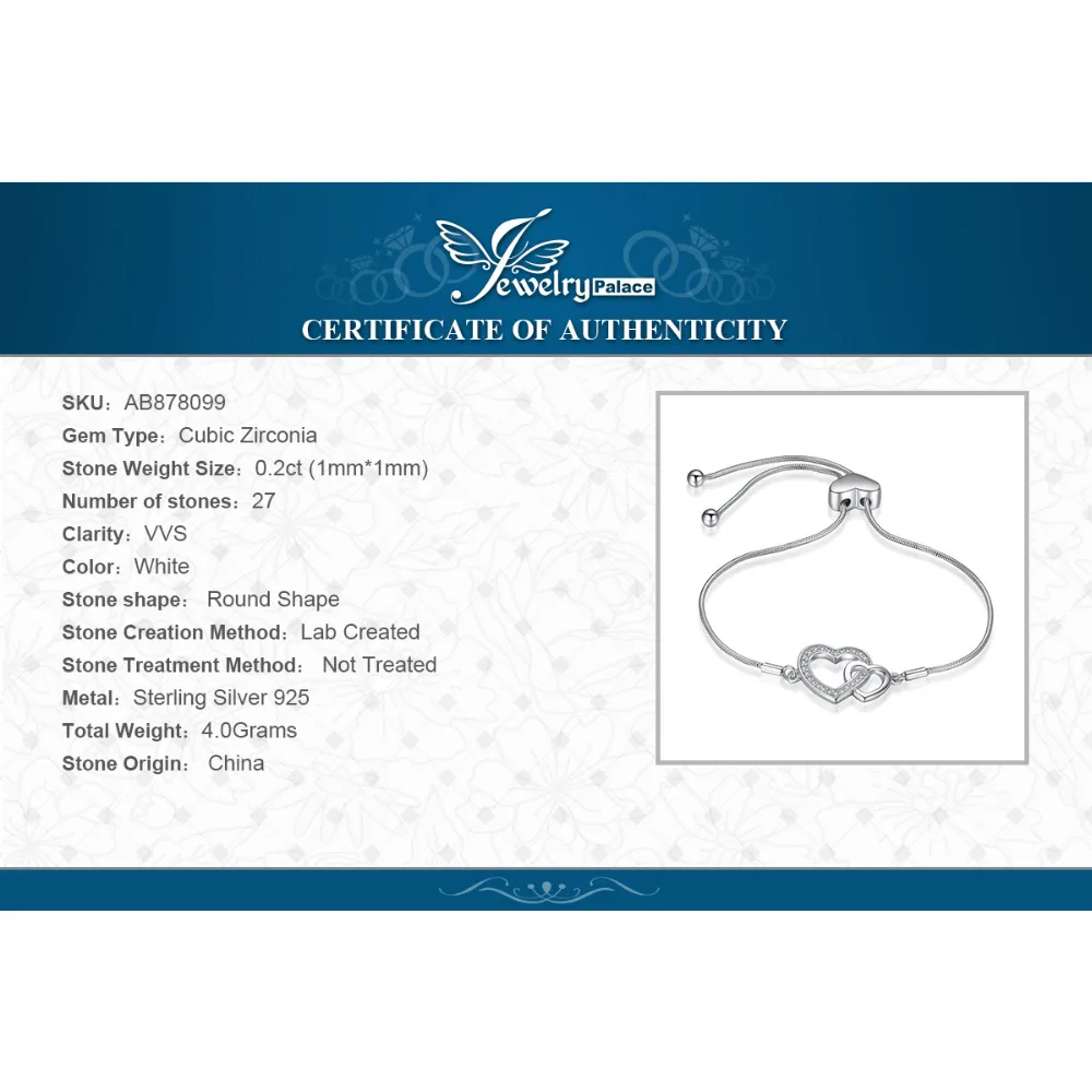 JewelryPalace переплетенных два сердца 0.2ct кубический цирконий регулируемый браслет стерлингового серебра 925 подарки для Для женщин украшений
