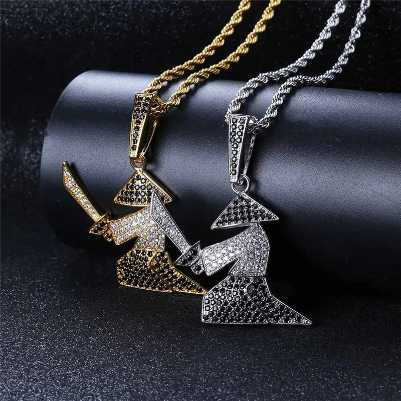 

Hip Hop Jewelry Samurai Hold Sword Cool Mens Pendant Necklace With Gold Chain For Men Cubic Zirconia Necklace