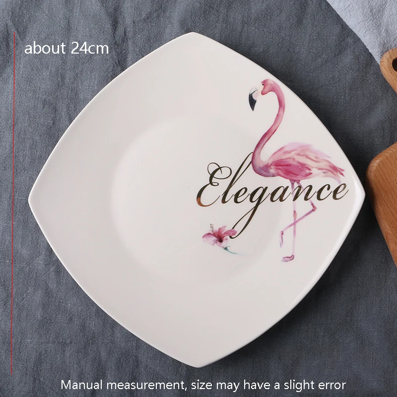 9.5 Inch Flamingo Pattern Plate Ceramic Porcelain Tableware Dinnerware Steak Spaghetti Vegetables Square Plates Dish Saucer Art