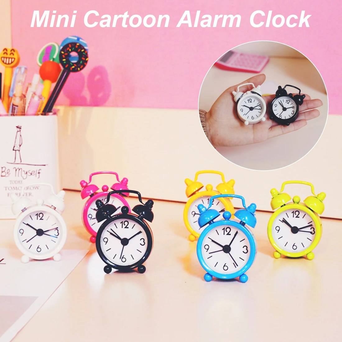 

Cartoon Classic Double Bell Mini Lovely Round Alarm Clock Desktop Table Bedside Kids Adults Travel Bedroom Decor