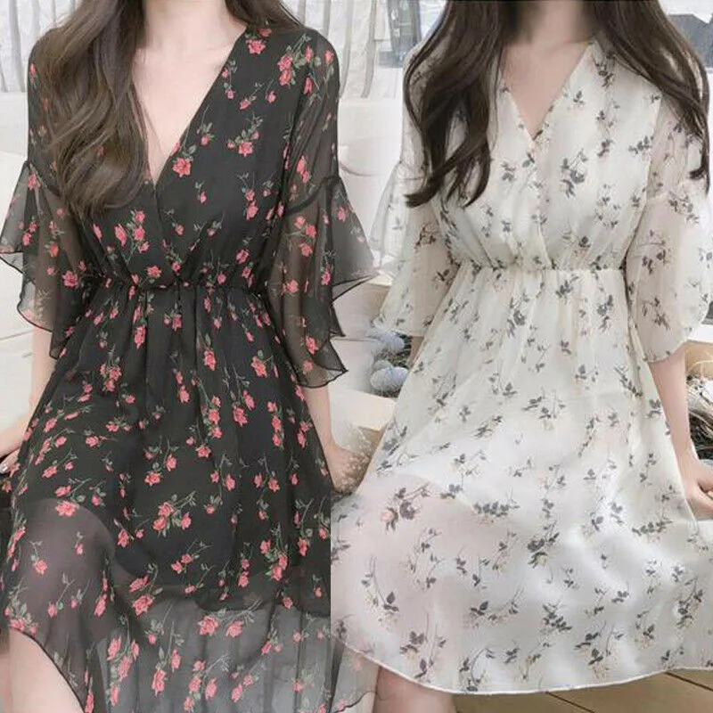

Women Summer V-Neck Floral Printed Chiffon Dresses Korea Style High Waist Butterfly Sleeve Party Pleat Short Dress Sundress