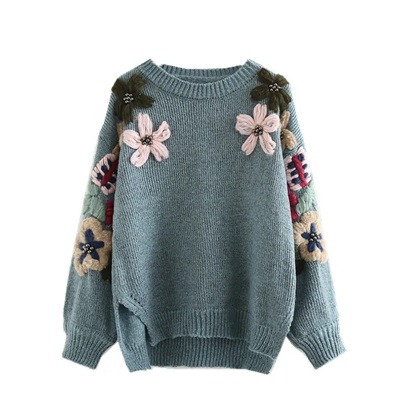 

2019 autumn new beaded flower sweater embroidery round neck pullover female small fresh loose sweater w106
