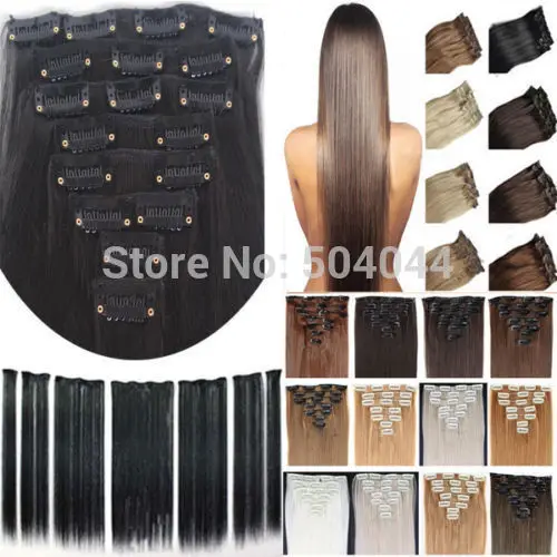 free shipping 24(60cm)7pcs set120g-125g 17 colors Long Straight Synthetic Hair Clip in on hair extensions