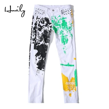 

HMILY Man Slim Jeans Men Cool Graffiti Print Pants Spring Summer Pantalon Homme Jean White Color Male Trousers Jeans