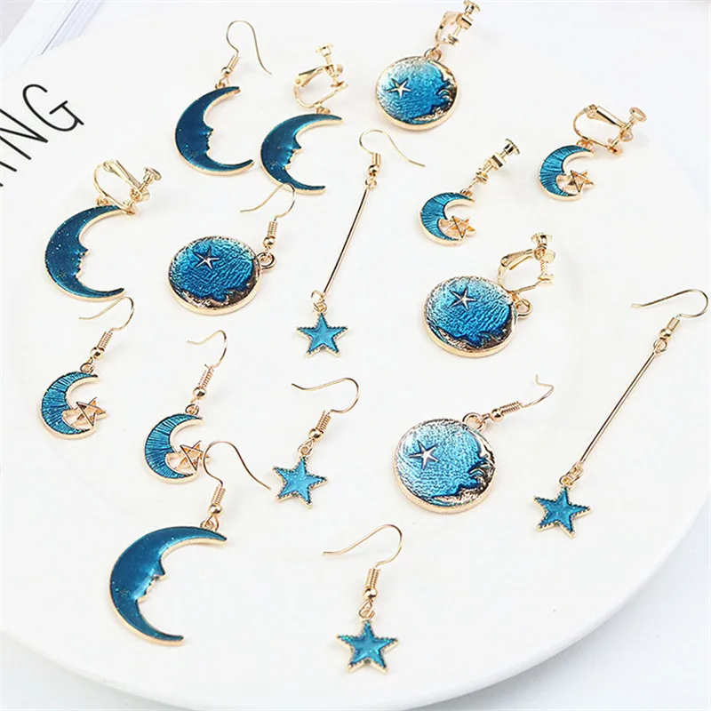 

Korea Blue Star Moon Planet Fresh Asymmetry Woman Girls Hook Clips Dangle Drop Earrings Fashion Jewelry-LAF