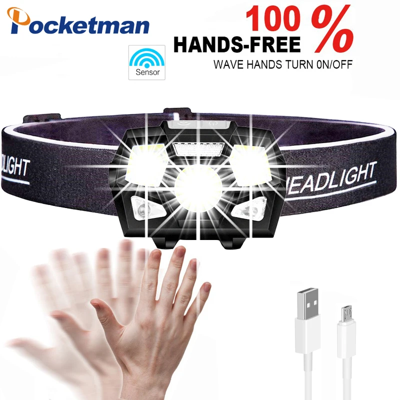 

5000 Lumen LED Headlamp Motion Sensor Ultra Bright Hard Hat Head Lamp Powerful Headlight USB Rechargeable Waterproof Flashlight