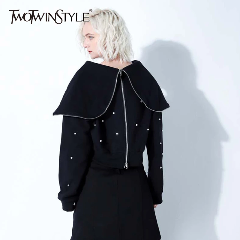 

TWOTWINSTYLE Diamod Patchwork Sweatshirt For Women Lapel Collar Long Sleeve Pullovers Sweatshirts Female 2019 Autumn New