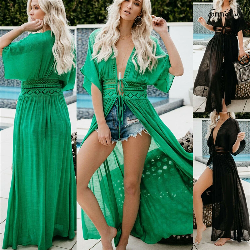 

2019 Sexy Women Solid Bikini Cover Up Long Dress Wrap Waist Clothes Cover Up Swimwear Swimming Bathing Bikini Cover Up