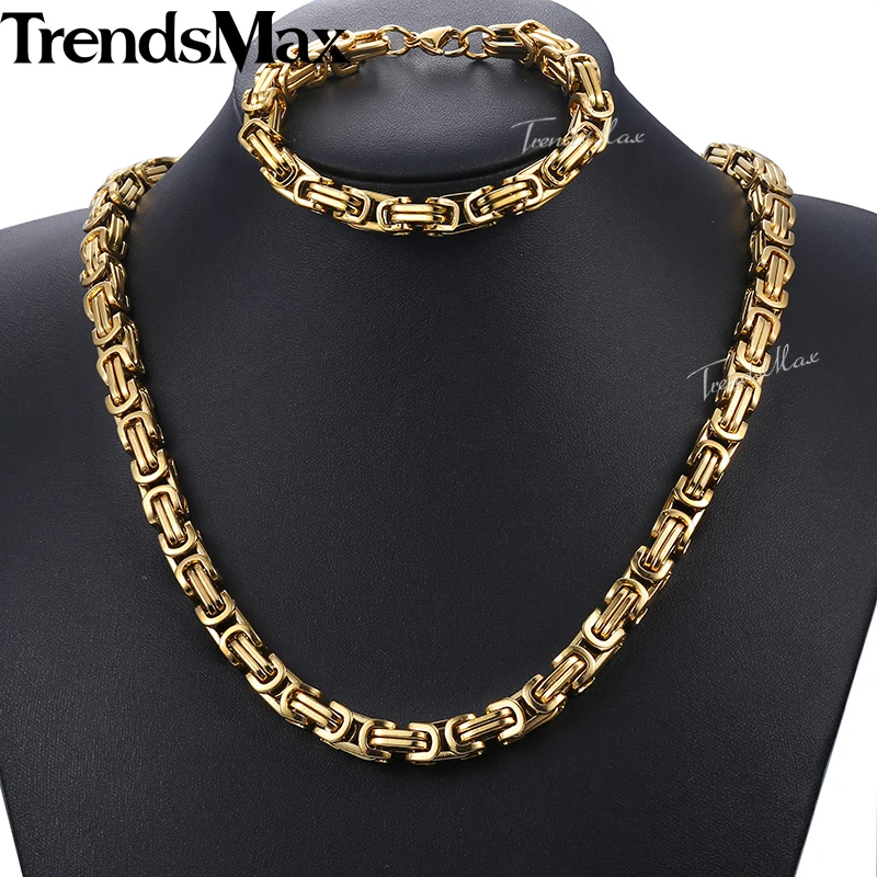 8mm Stainless Steel Bracelet Necklace Set For Men Boys Gold Color Byzantine Box Chain Jewelry Sets Hip Hop Male KKS55 | Украшения и