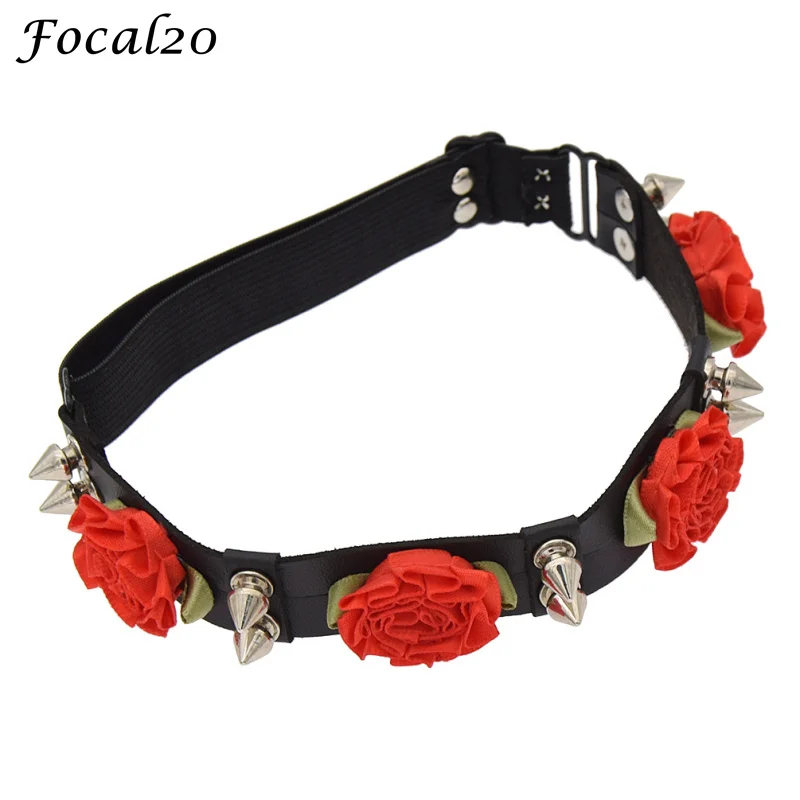 Focal20 Gothic Punk Rose Flower Synthetic Leather Women Garter Sexy Elastic Leg Garter Belt Suspender Lingerie Cosplay