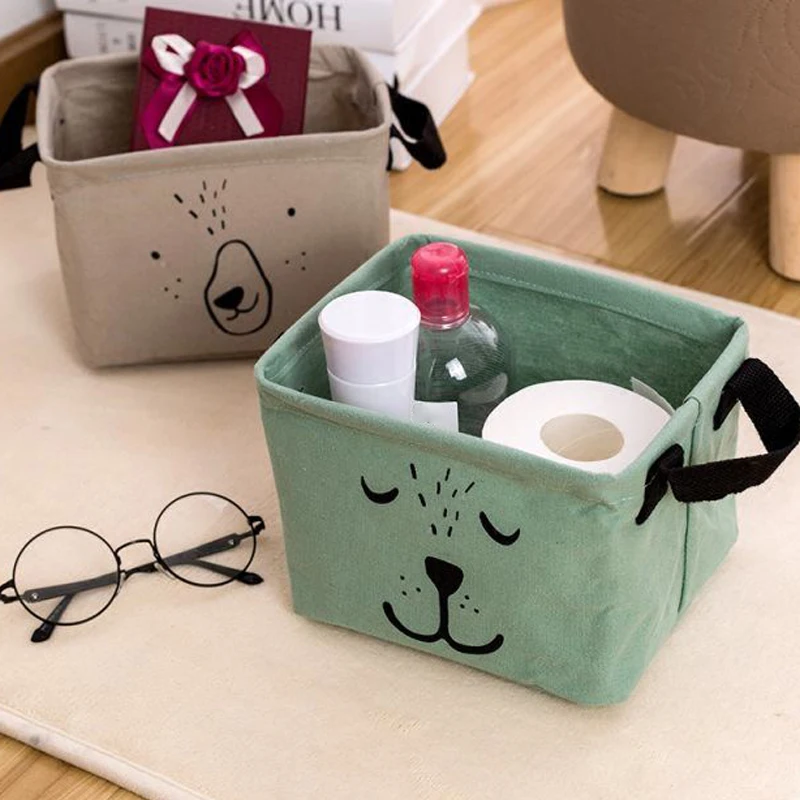 Storage Box Bag PE Coating Cosmetic Bear Expression Fashion Cotton Linen Multi-Function Space Savers | Дом и сад