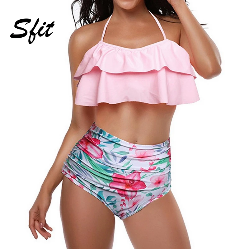 

Sfit Women Bikini Set Sexy Swimwear Ruffle Floral Printed Halter Swimsuit Push Up High Waist Bodysuit Maillot De Bain Femme