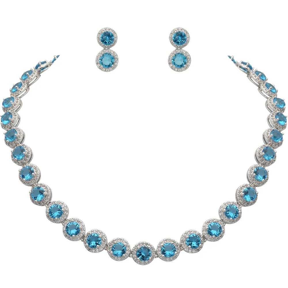

Tuliper Blue/Brown Silver Plated Necklace Set Cubic Zircon Bridal Jewelry Set Round Stud Earrings Bridesmaid Girl