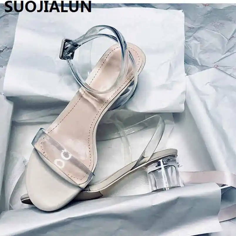 

SUOJIALUN Summer Fashion Women's Sandals transparent tape PVC Women Shoes Rome Sandals High Heel Open-toe Women Shoes